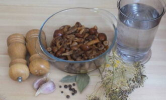 Om heerlijke gezouten honingpaddestoelen voor de winter in potten te bereiden, moet je eerst, volgens het recept en het benodigde volume, alle ingrediënten berekenen en bereiden.