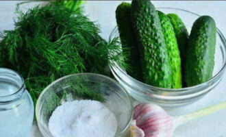 Ang malutong na bahagyang inasnan na mga pipino sa instant na mineral na tubig ay inihanda sa loob ng ilang minuto: ihanda ang mga sangkap.