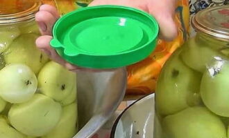 Lăsați merele la temperatura camerei. Apoi închideți cu capace din nailon. Dacă este necesar, adăugați umplutură. A se păstra într-un loc răcoros. Fructele vor fi complet gata de consum în 1-1,5 luni.
