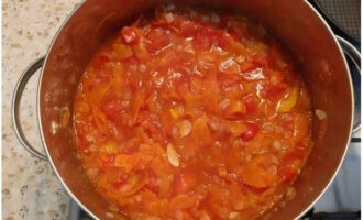 Ilagay ang piniritong gulay sa isang kasirola. Magdagdag ng bawang, na una naming pinutol sa manipis na hiwa. Magdagdag ng asukal, asin, suka at langis ng gulay. Gumalaw at kumulo para sa isa pang 20 minuto.