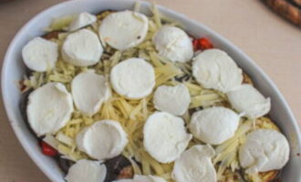 Repetăm ​​straturile și le acoperim cu cercuri subțiri de Mozzarella fragedă. Coaceți vasul în cuptorul preîncălzit la 180 de grade pentru aproximativ 30-40 de minute.