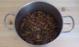Schil de honingchampignons, spoel ze goed af, doe ze in een pan, voeg een glas water toe, voeg 1/3 eetl. eetlepels zout, breng aan de kook en laat de bouillon uitlekken. Voeg vervolgens nog een glas water toe en laat 20 minuten vanaf het begin van het koken op laag vuur sudderen.