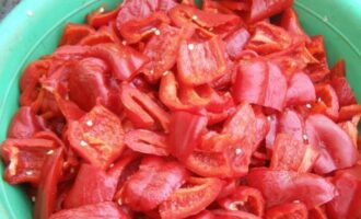 Verwijder de zaden en de membranen van de paprika, snijd de vlezige wanden in plakjes.
