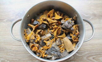 Pagkatapos kumulo ang mga kabute, bawasan ang apoy sa mababang katamtaman at lutuin ng kalahating oras, pagpapakilos paminsan-minsan. Salain ang nilutong mushroom sa pamamagitan ng colander o salaan.Naghihintay kami na maubos ang tubig.