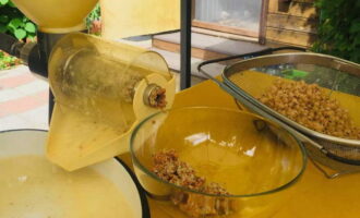 Ipinapasa namin ang pangunahing sangkap sa pamamagitan ng isang juicer, sa gayon ay mapupuksa ang cake. Mga 500 ML ng juice ang lumalabas.
