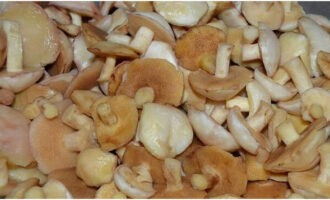 Matapos i-unload ang boletus sa isang malawak na lalagyan, ibabad ito ng kalahating oras at banlawan ng ilang beses sa inasnan na tubig. Habang ang mga mushroom ay nakababad, hugasan ang mga garapon at isterilisado ang mga ito. Pakuluan ang mga takip.