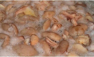 Dalhin ang tubig sa isang pigsa, magdagdag ng ilang asin at lutuin ang mantikilya sa loob ng 10 minuto.Upang maiwasan ang pagdidilim ng mga kabute sa panahon ng pagluluto, magdagdag ng ilang patak ng suka o lemon juice sa sabaw. Maaari kang magdagdag ng isang pakurot ng lemon.