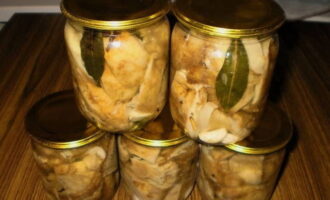 Krokant gepekelde melkchampignons zijn klaar voor de winter.Bewaar het op een geschikte plaats.