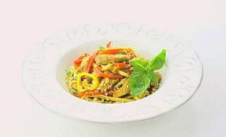 Leg de bereide udon-noedels met kip en groenten op geportioneerde borden en serveer warm, maar het gerecht zal zelfs koud lekker zijn. Eet smakelijk!