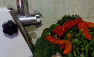 We monteren een elektrische vleesmolen of een handmatige eenheid. We halen de paprika uit de zaadbak en snijden hem in stukjes. Verwijder de staartjes van de hete pepers. Bladeren door de componenten.