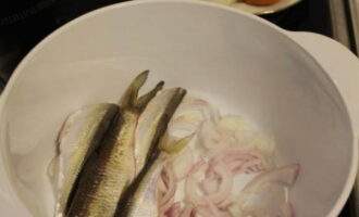 Lägg fisken och löken, skuren i halva ringar, i botten av pannan.