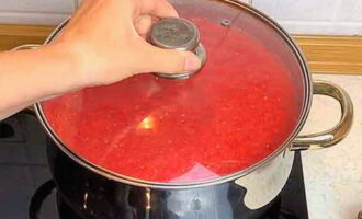 Zet op het vuur, zet op middelhoog vuur en wacht tot het tomatenmengsel kookt, dek af met een deksel. Laat een uur koken, vergeet niet te roeren. Als de consistentie nog steeds vloeibaar is, herhaalt u de procedure totdat u tevreden bent met de dikte.