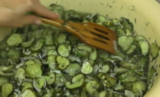 După acest timp, puneți salata la foc mediu, aduceți la fierbere, turnați oțet și gătiți amestecând 4-5 minute, nu mai mult, doar până când culoarea castraveților se schimbă în măsline.