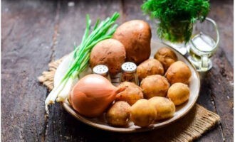 Aardappelen met champignons worden heel snel en gemakkelijk bereid. Wij zijn een voedselpakket aan het voorbereiden.