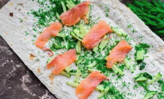 Ordna bitar av lax och gurka slumpmässigt, krydda med granulerad vitlök, peppar och en nypa salt.