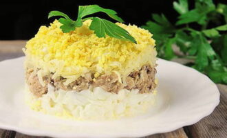 Rắc salad với lòng đỏ bào. Cho vào tủ lạnh để ngâm. Salad Mimosa theo công thức cổ điển đã sẵn sàng. Phục vụ tận bàn!