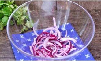 Hur förbereder man en enkel och god sallad med kött? Skär den skalade löken i tunna halvringar och häll upp i en salladsskål.