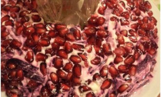 Strö över salladen jämnt med granatäpplekärnor. Ställ salladen i kylen i flera timmar.
