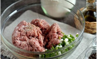 Doe tegelijkertijd het gehakt in een andere kom, voeg gehakte kruiden, zwarte peper en zout naar smaak toe.