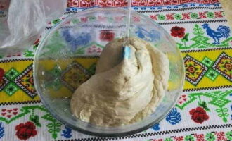 Trong thời gian này bột sẽ nở gấp đôi. Khuấy lại bằng thìa và để thêm 30–40 phút nữa cho lần tăng thứ hai.