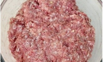 Blanda innehållet i skålen noggrant med händerna. Köttfärsen ska vara homogen och trögflytande.