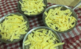 Nướng phô mai cứng trên một máy xay thô. Rắc các chế phẩm với phô mai bào.