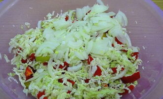 Snijd de ui in dunne kwarten en voeg toe aan de rest van de ingrediënten.