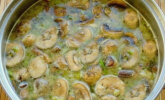 Breng het mengsel aan de kook en voeg de plakjes vlees toe, evenals eventuele groenten en champignons die voorhanden zijn. Kook op laag vuur tot alle ingrediënten klaar zijn.